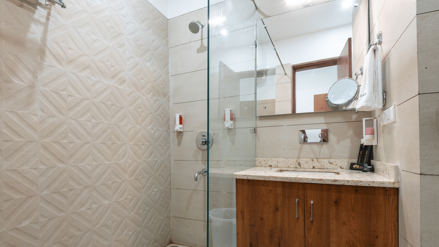 Deluxe bathroom featuring a mirror above a washbasin with a wooden cabinet below and a spacious shower area at DLS The Classio